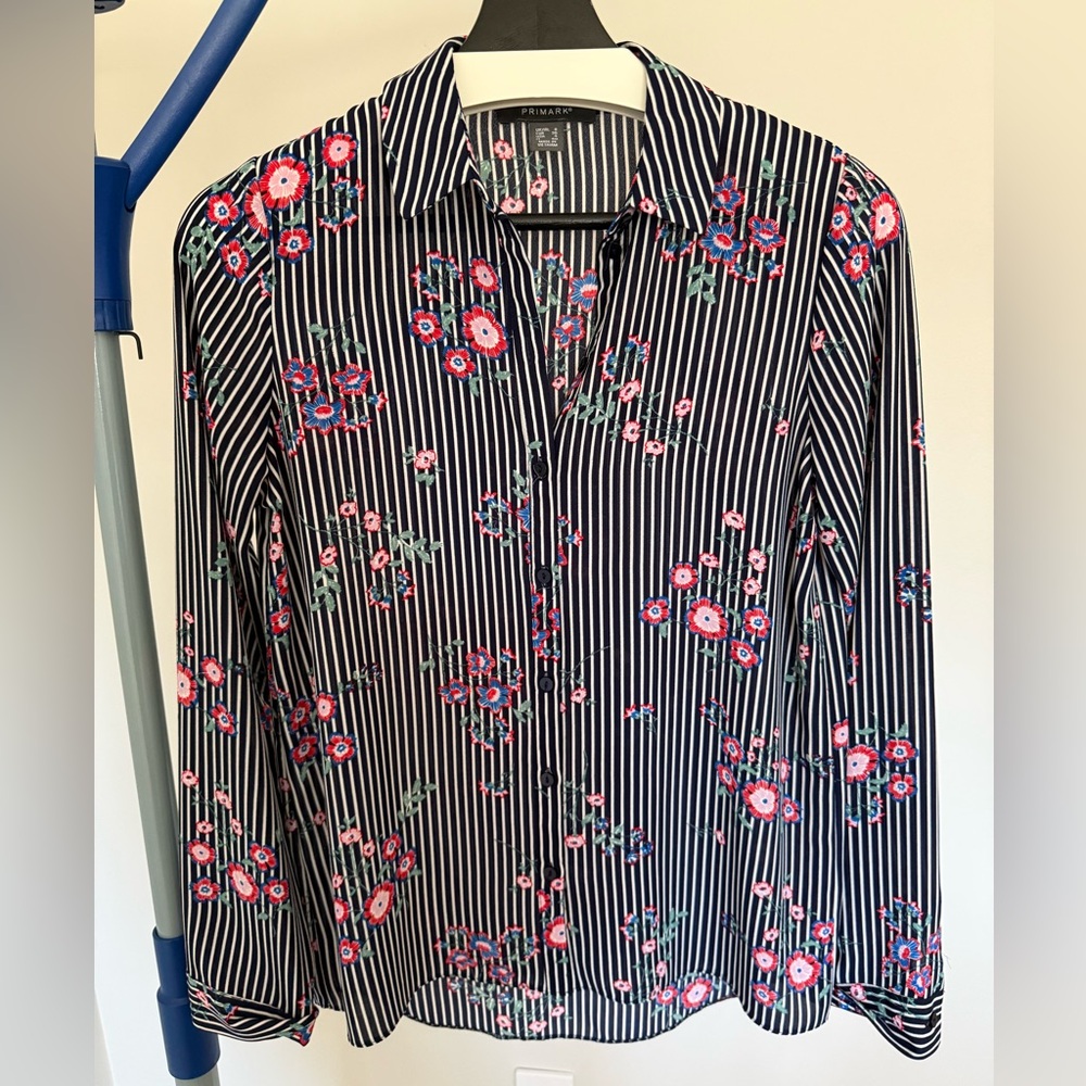Primark Navy and White Striped Floral Shirt